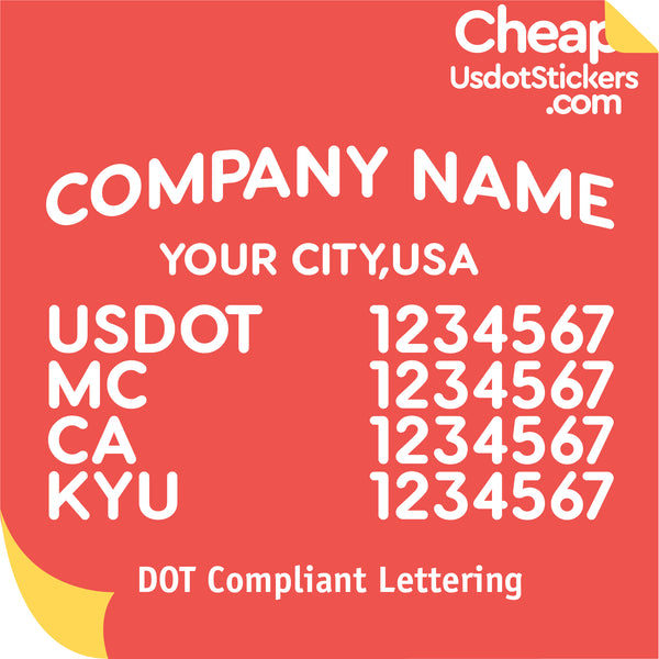 Arched Company Name with City, USDOT, MC, CA & KYU Number Decal Sticker (Set of 2)