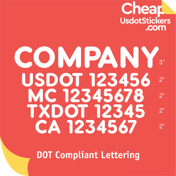 Company Name with USDOT, MC, TXDOT & CA Number Decal Lettering (Set of 2)