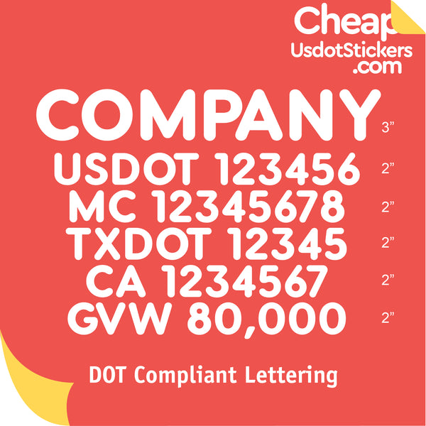 Company Name Door Decal with USDOT, MC, TXDOT, CA & GVW Lettering (Set of 2)
