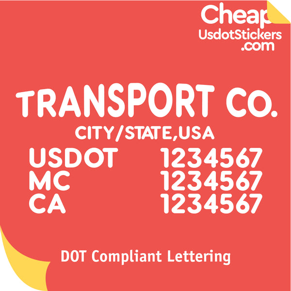 Transport Name with City, USDOT, MC & CA Number Lettering Decal (Set of 2)