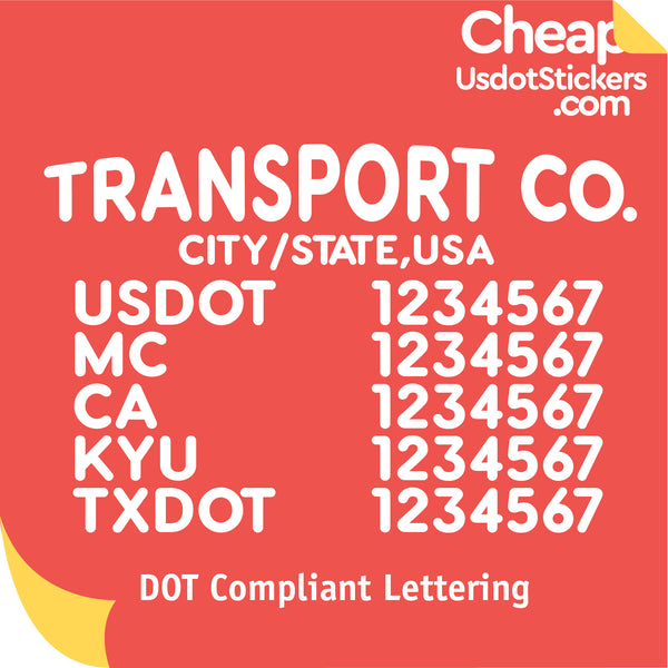 Arched Transport Name with City, USDOT, MC, CA, KYU & TXDOT Number Decal Sticker (Set of 2)