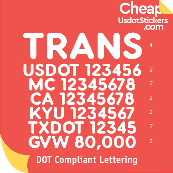 Transport Name with USDOT, MC, CA, KYU, TXDOT & GVW Lettering Decal (Set of 2)