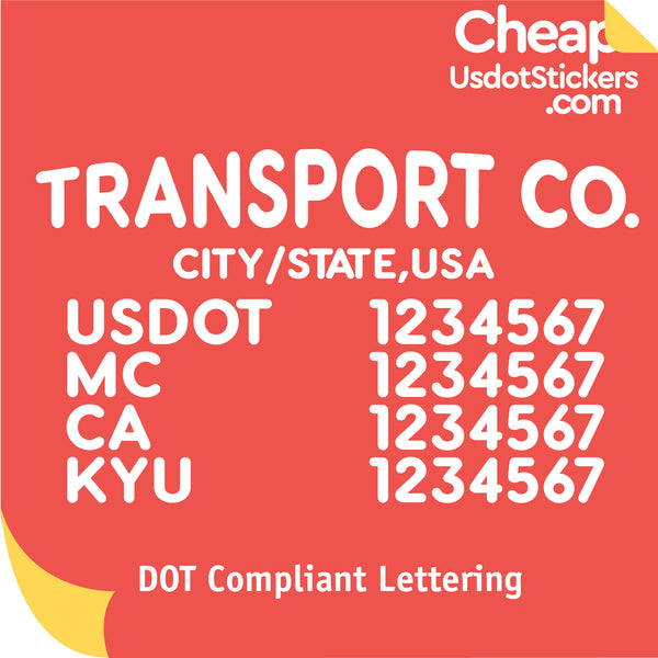 Transport Company Name with City, USDOT, MC, CA & KYU Number Decal Sticker (Set of 2)