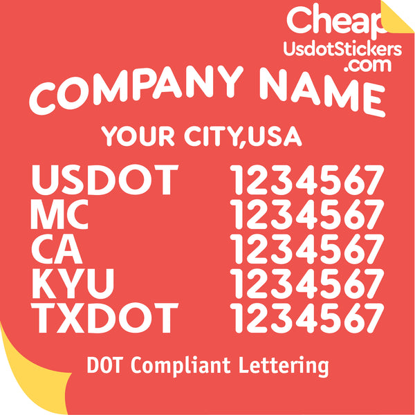 Arched Company Name with City, USDOT, MC, CA, KYU & TXDOT Number Decal (Set of 2)