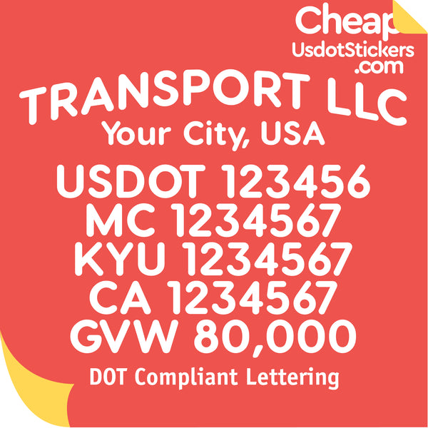 Arched Transport Name with City, USDOT, MC, KYU, CA & GVW Lettering Decal Sticker (Set of 2)