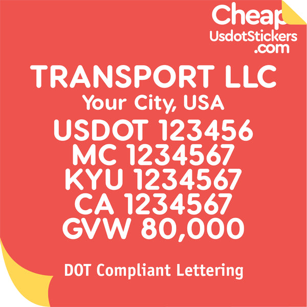 Transport Company Name with Origin, USDOT, MC, KYU, CA & GVW Decal (Set of 2)