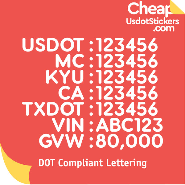 USDOT, MC, KYU, CA, TXDOT, VIN & GVW Number Sticker Decal (Set of 2)