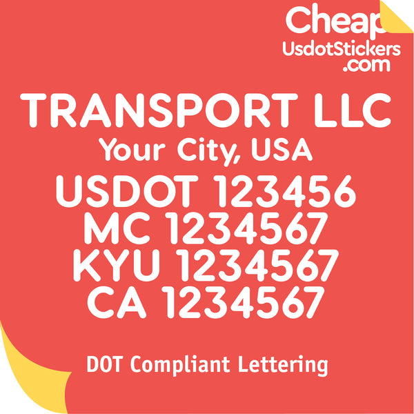 Transport, City, USDOT, MC, KYU & CA Number Lettering Decal (Set of 2)