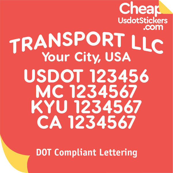 Arched Transport, City, USDOT, MC, KYU & CA Number Lettering Decal (Set of 2)