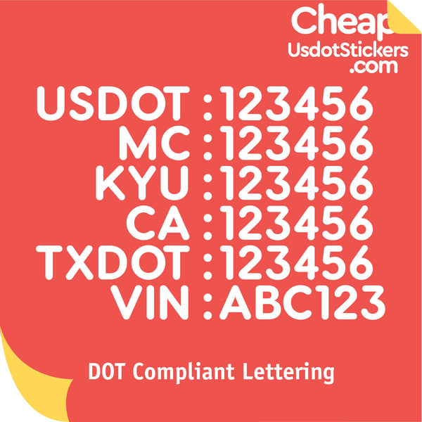 USDOT, MC, KYU, CA, TXDOT, VIN Number Decal Sticker (Set of 2)