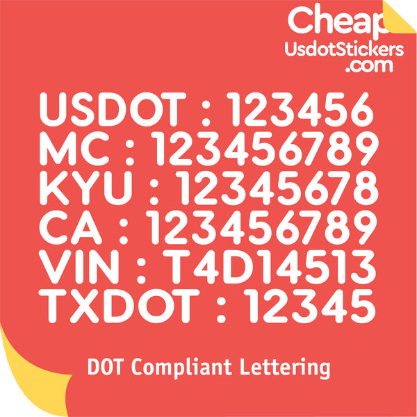 USDOT, MC, KYU, CA, VIN & TXDOT Number Decal Sticker (Set of 2)