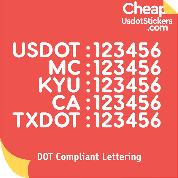 US DOT, MC, KYU, CA & TXDOT Number Decal Sticker (Set of 2)