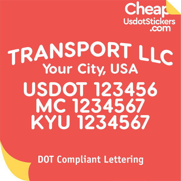 Arched Transport Name with City, USDOT, MC & KYU Lettering Decal Sticker (Set of 2)