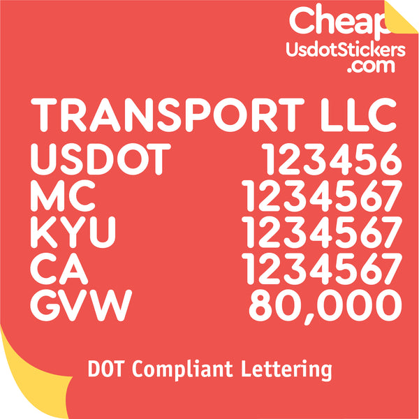 Transport Name with USDOT, MC, KYU, CA & GVW Lettering Decal (Set of 2)