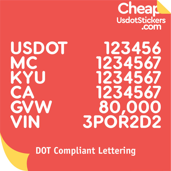 US DOT, MC, KYU, CA, GVW & VIN Number Lettering Decal (Set of 2)