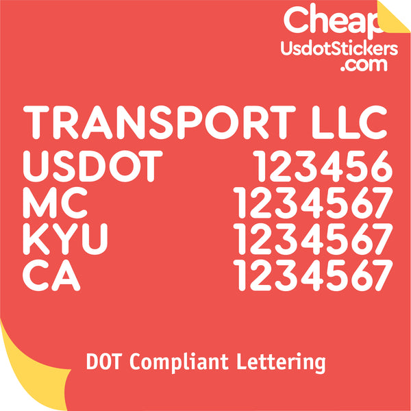 Transport Company Name with USDOT, MC, KYU & CA Number Lettering (Set of 2)