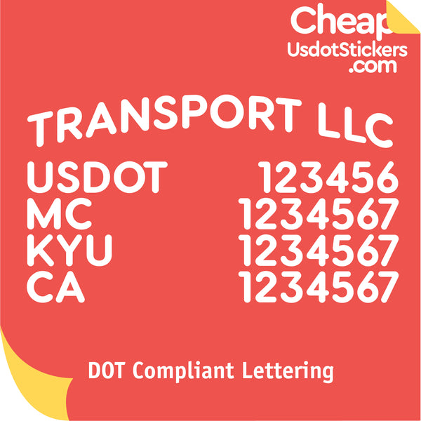Arched Transport Company Name with USDOT, MC, KYU & CA Number Lettering (Set of 2)
