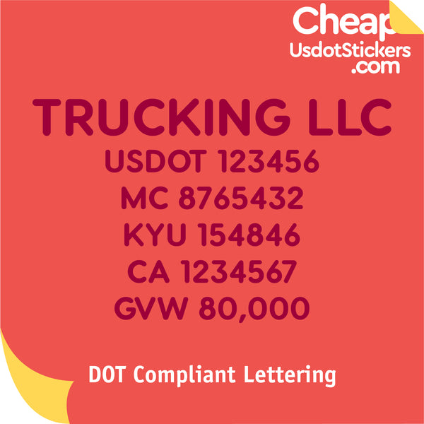 Trucking Name with USDOT, MC, KYU, CA & GVW Number Decal Sticker (Set of 2)