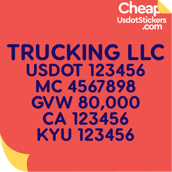 Trucking Business Name with USDOT, MC, GVW, CA & KYU Lettering Decal (Set of 2)