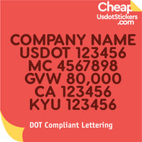 Company Name, USDOT, MC, GVW, CA & KYU Number Decal Lettering (Set of 2)